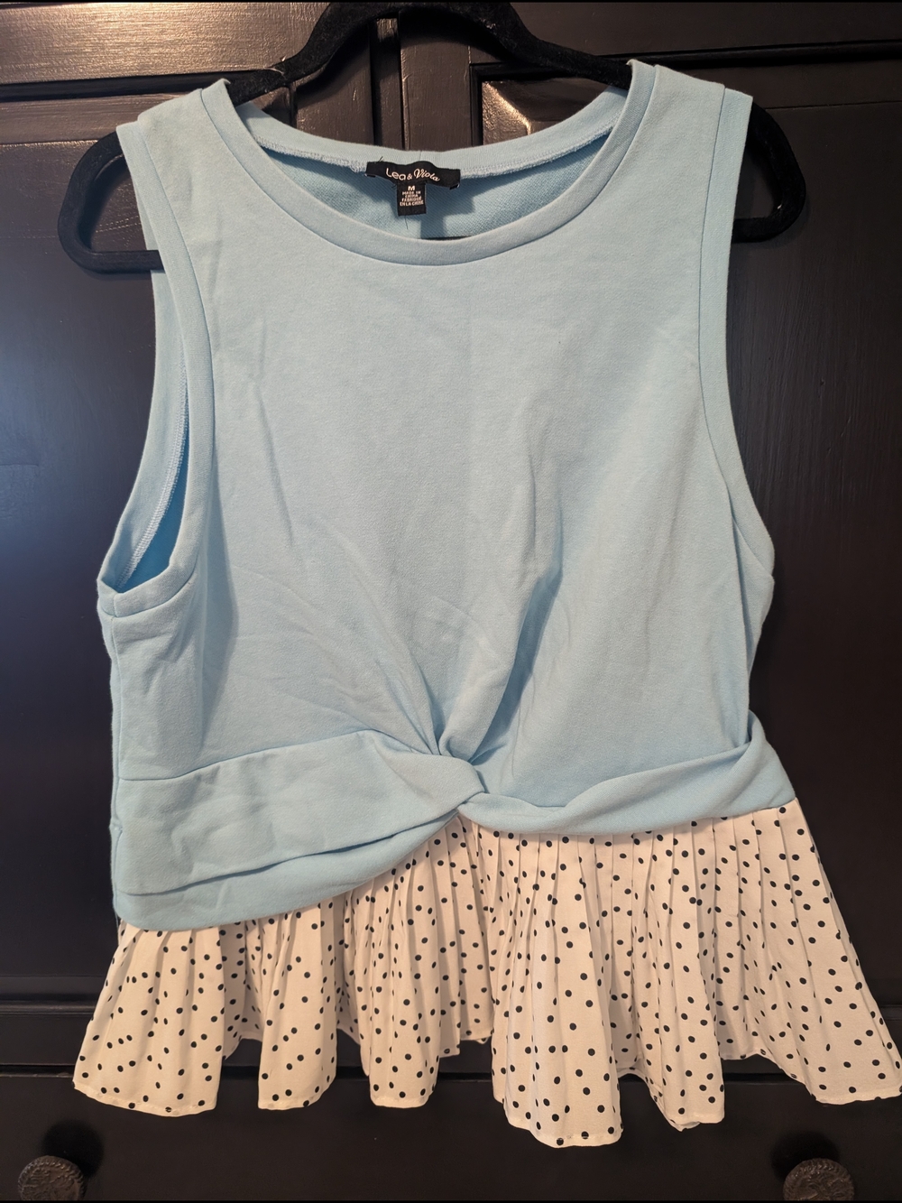 Lea & Viola Light Blue Twist-Front Tank with Polka Dot Ruffle